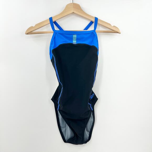 Speedo Other - Speedo Power Plus One Piece Swimsuit Womens 28 Blue Black Crossback Athletic